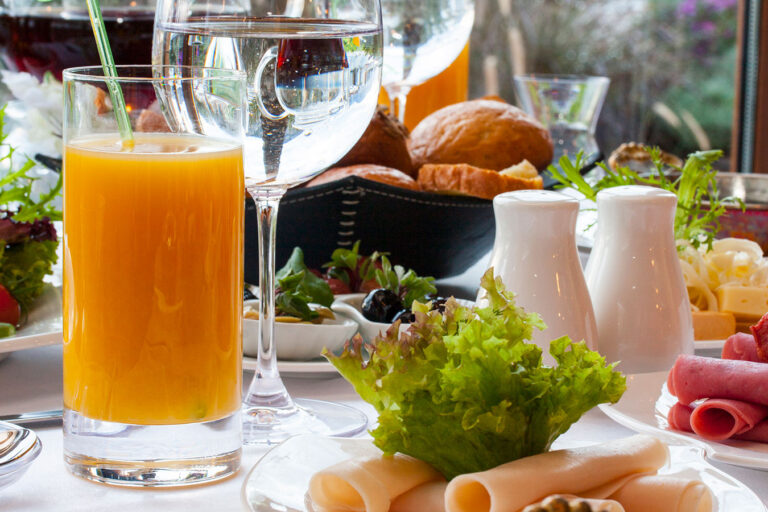 A table with food and drinks on it